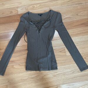 Express Lace-Up Hunter Green Ribbed Long Sleve Top
